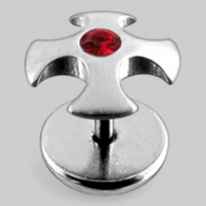 Серьга в форме &quot;ирландского креста&quot; с камнем в центре. Цвет - красный.