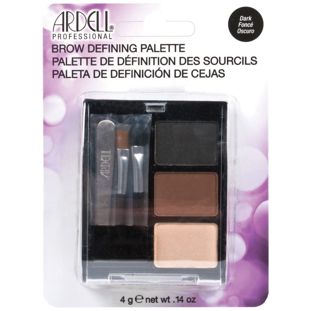 Комплект для коррекции бровей в футляре с зеркальцем, 3 пудры для тонирования в темных тонах, 2 кисточки и пинцет.