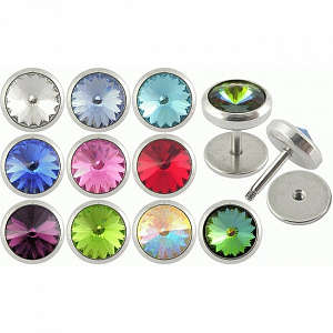 Серьга тунельная &quot;обманка&quot; диск с камнем в завальцовке. Цвет - розовый.