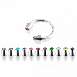 Серьга в форме полукольца с двумя конусами с камнями в завальцовке 3мм. Толщина - 1,2мм. Диаметр 10мм.  Цвет - хрусталь. Материал- сталь.