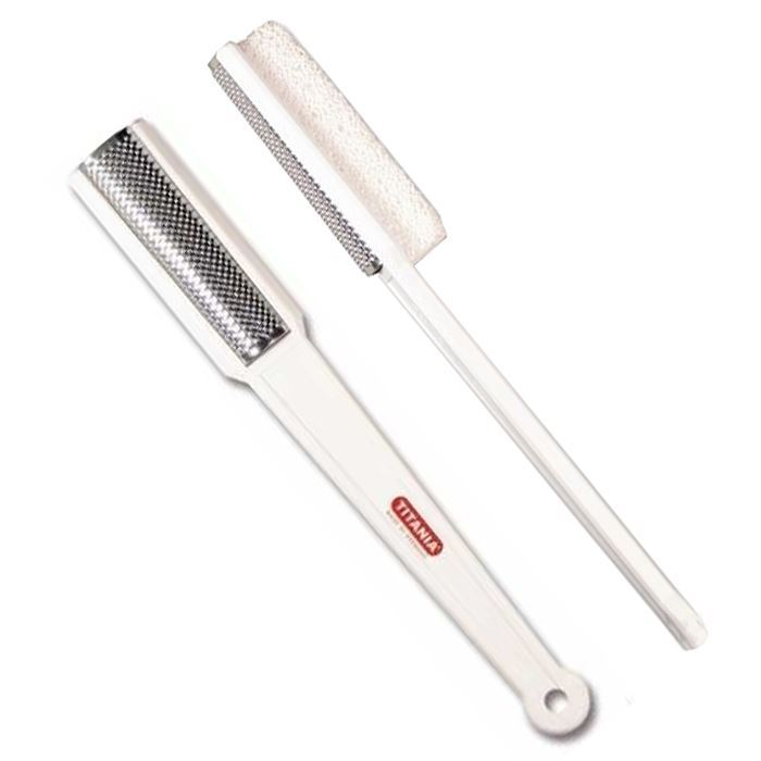 Двухсторонняя терка для ног с ручкой, металлическая мягкая\белая минеральная пемза, длина 17,5см.