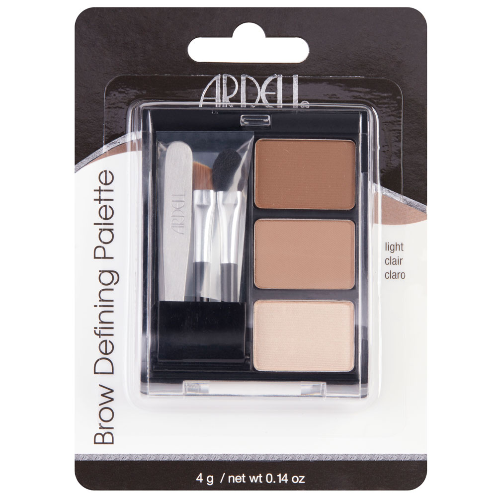 Комплект для коррекции бровей в футляре с зеркальцем, 3 пудры для тонирования в светлых тонах, 2 кисточки и пинцет.