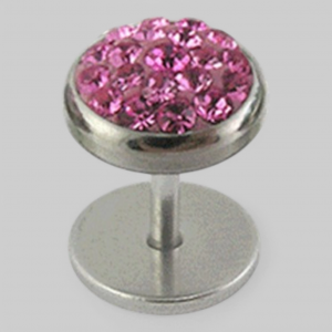 Серьга тунельная &quot;обманка&quot; диск усыпанный стразами. Цвет - розовый.