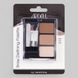 Комплект для коррекции бровей в футляре с зеркальцем, 3 пудры для тонирования в светлых тонах, 2 кисточки и пинцет.