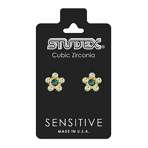 Серьги &quot;SENSITIVE&quot;,в виде цвета из шести камней,цвет&quot;ИЗУМРУД+ХРИЗОЛИТ&quot;, с позолотой 2шт.