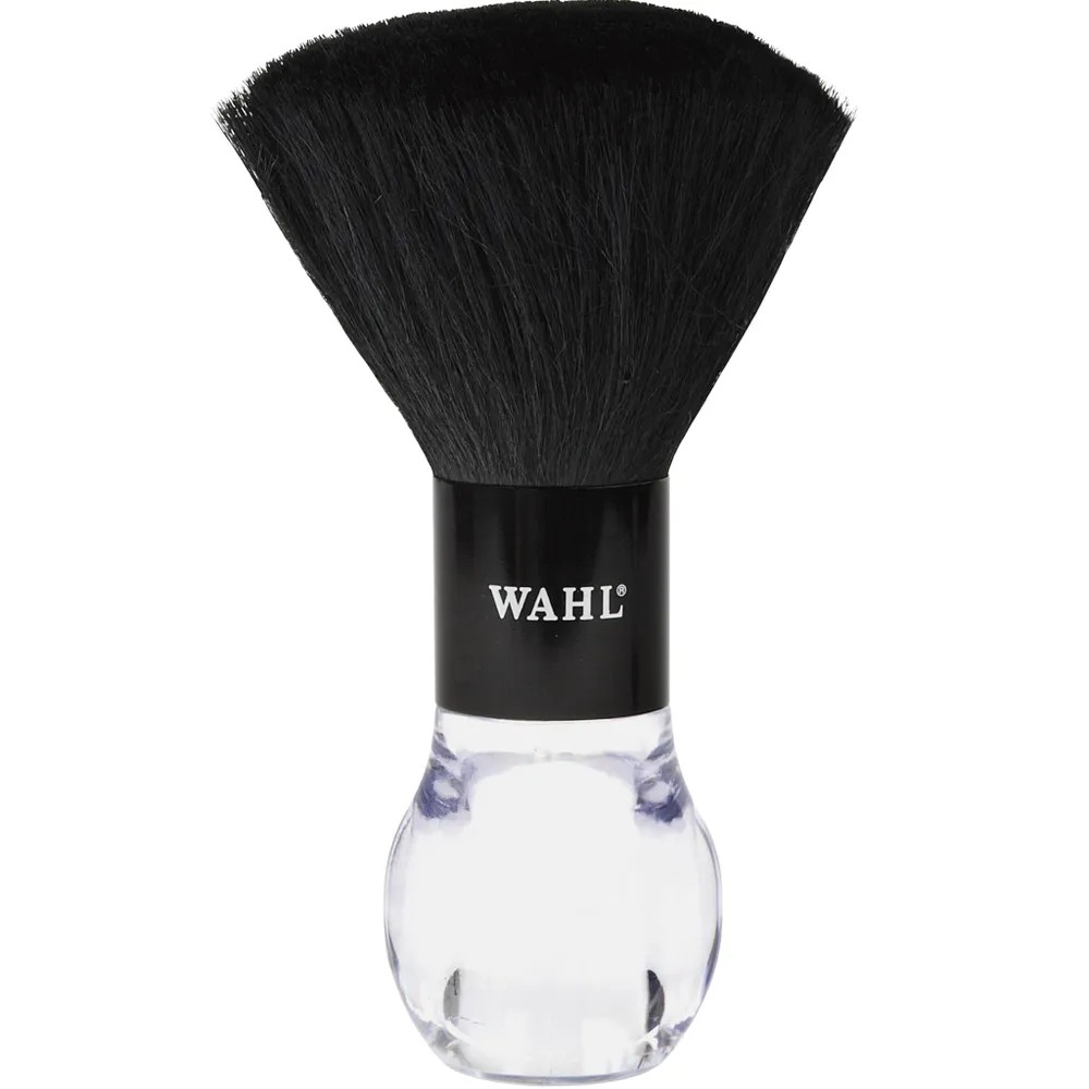 ПАРИКМАХЕРСКАЯ ЩЕТКА ДЛЯ ОЧИСТКИ ВОЛОС С ШЕИ &quot;WAHL&quot;, ПРОЗРАЧНАЯ РУЧКА С ЧЕРНЫМ ОБОДКОМ