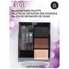 Комплект для коррекции бровей в футляре с зеркальцем, 3 пудры для тонирования в темных тонах, 2 кисточки и пинцет.