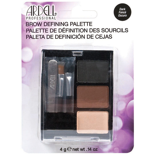 Комплект для коррекции бровей в футляре с зеркальцем, 3 пудры для тонирования в темных тонах, 2 кисточки и пинцет.