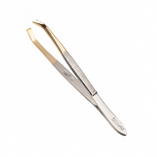 Пинцет для удаления волос из никеля, золотые на конце, с наклоном, длина 8см