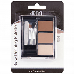 Комплект для коррекции бровей в футляре с зеркальцем, 3 пудры для тонирования в светлых тонах, 2 кисточки и пинцет.