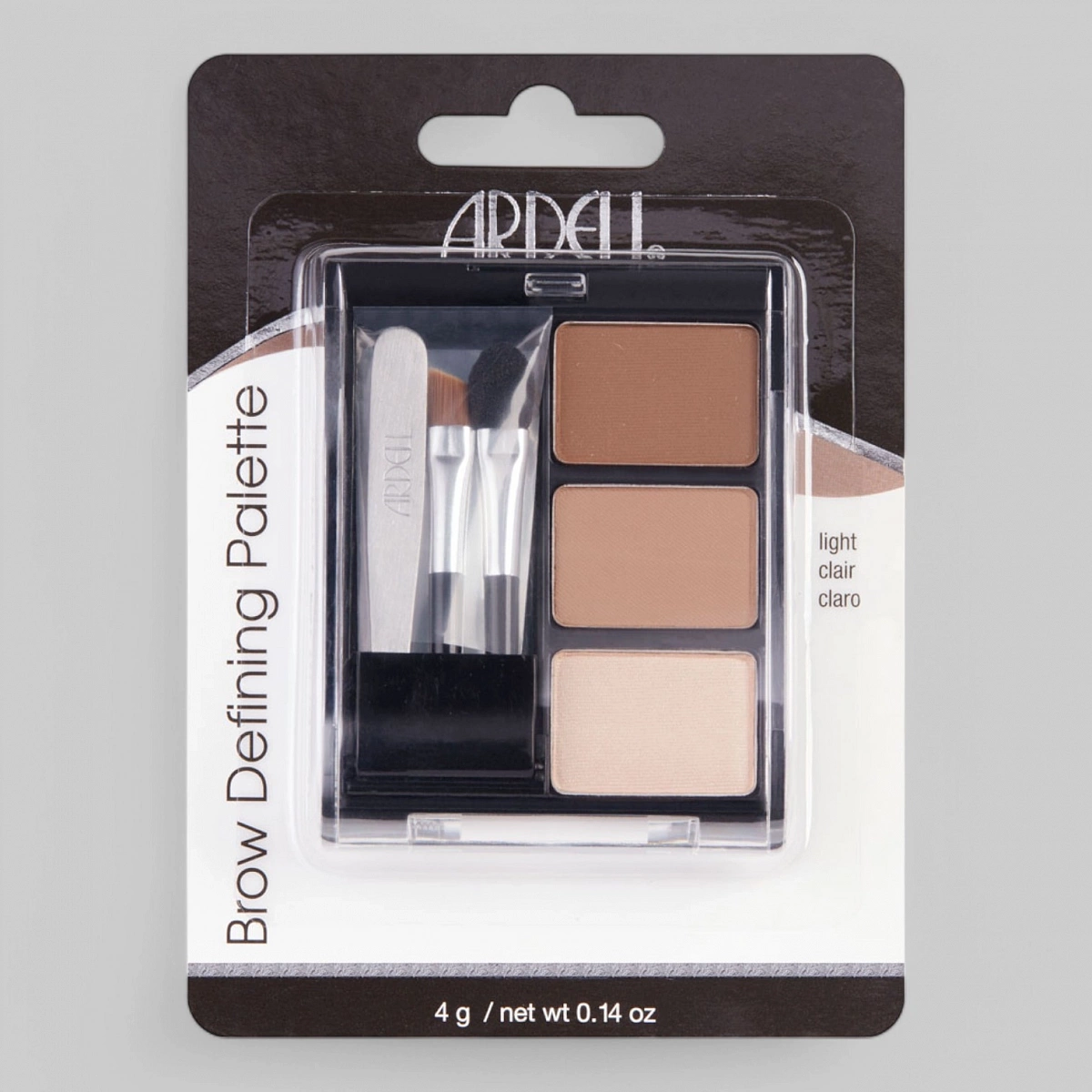 Комплект для коррекции бровей в футляре с зеркальцем, 3 пудры для тонирования в светлых тонах, 2 кисточки и пинцет.