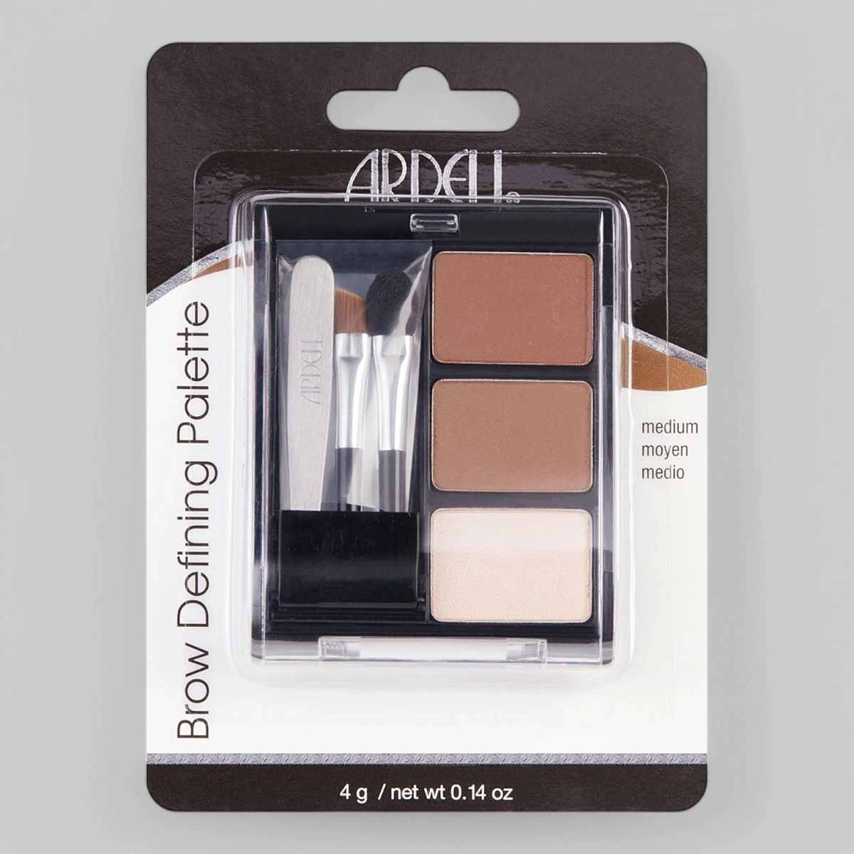 Комплект для коррекции бровей в футляре с зеркальцем, 3 пудры для тонирования в светлых тонах, 2 кисточки и пинцет.