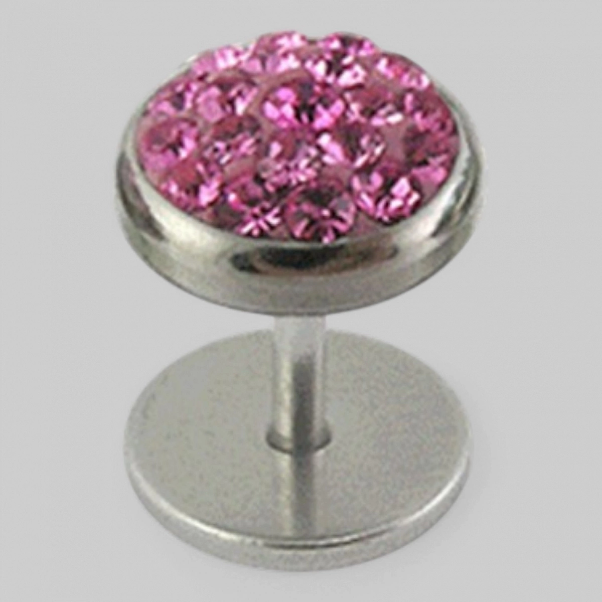 Серьга тунельная &quot;обманка&quot; диск усыпанный стразами. Цвет - розовый.