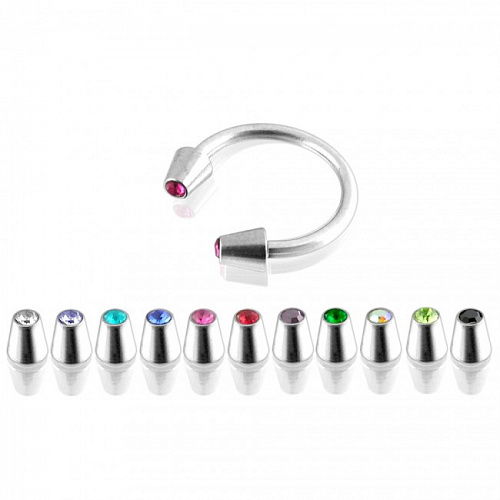 Серьга в форме полукольца с двумя конусами с камнями в завальцовке 3мм. Толщина - 1,2мм. Диаметр 10мм.  Цвет - хрусталь. Материал- сталь.