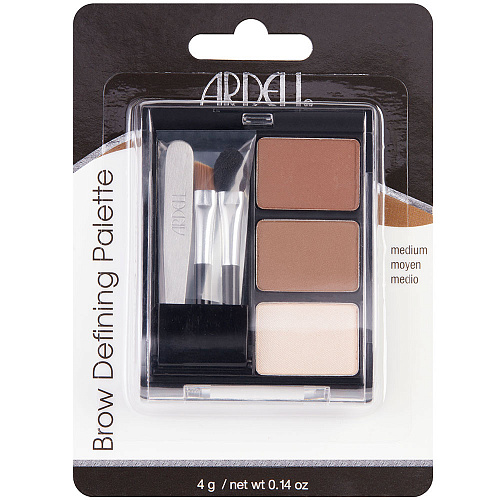 Комплект для коррекции бровей в футляре с зеркальцем, 3 пудры для тонирования в светлых тонах, 2 кисточки и пинцет.